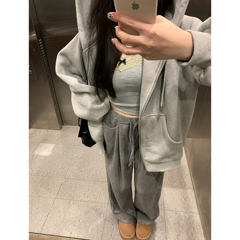 Sweatshirt Jacket Women's Spring & Fall 2025 New American Style Autumn and Winter Fleece-Lined Korean Style Cute Lazy Style Hooded Top