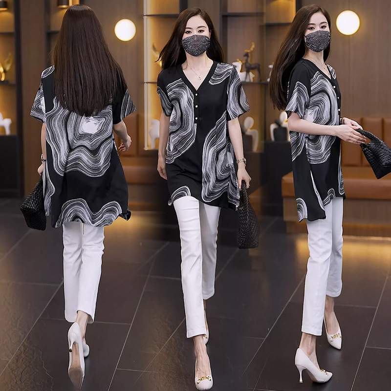 Chiffon Shirt Women's Summer New Stylish Short-sleeved Top Beautiful Fashion Belly Covering Long Shirt Small Shirt