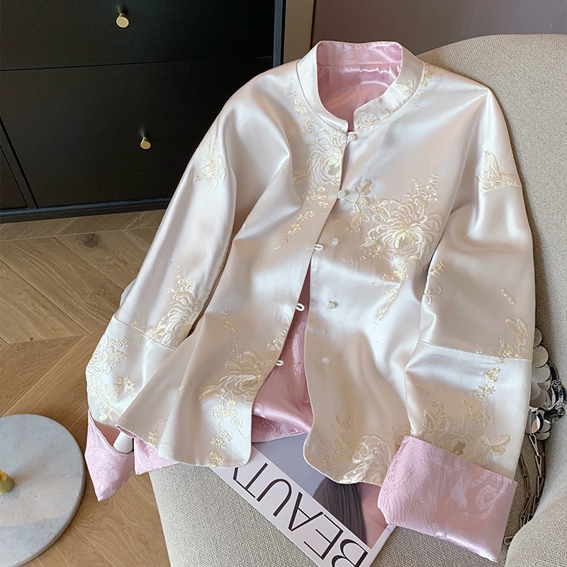 New Chinoiserie National Style Embroidered Satin Stand-Up Collar Jacket for Women Spring 2025 Retro High-End Elegant Zen Thin Top