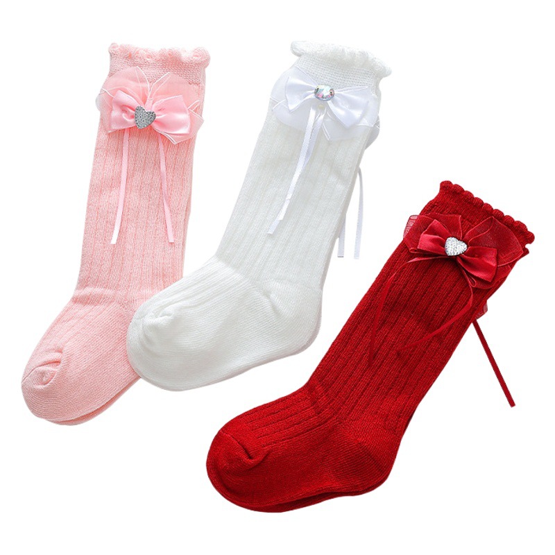 Girls' socks wholesale spring and autumn baby mid-calf socks bow children Princess socks bright red one month old festive