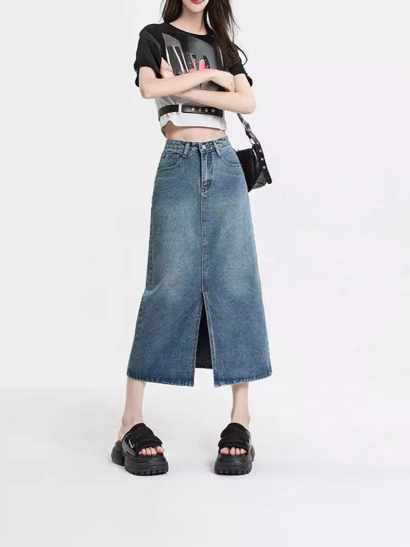 Retro Denim Skirt Split Retro Denim Skirt Design Sense A- character Straight Hip Mid-length Skirt