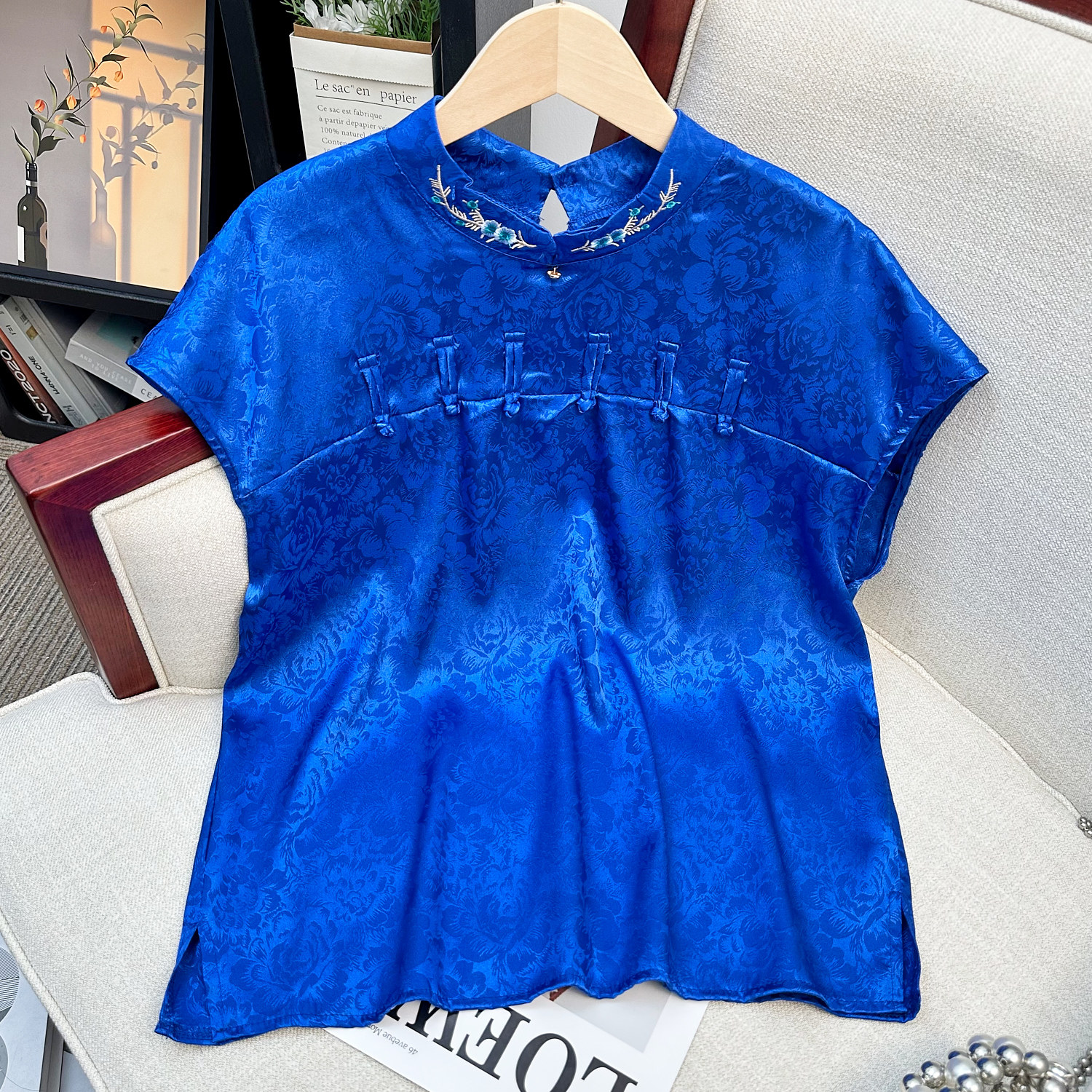Picture of Real Shot 2024 Summer Top Women's High-end Sense Silk-like Improved Cheongsam Chinese Style National Style Buckle Printed Small Shirt
