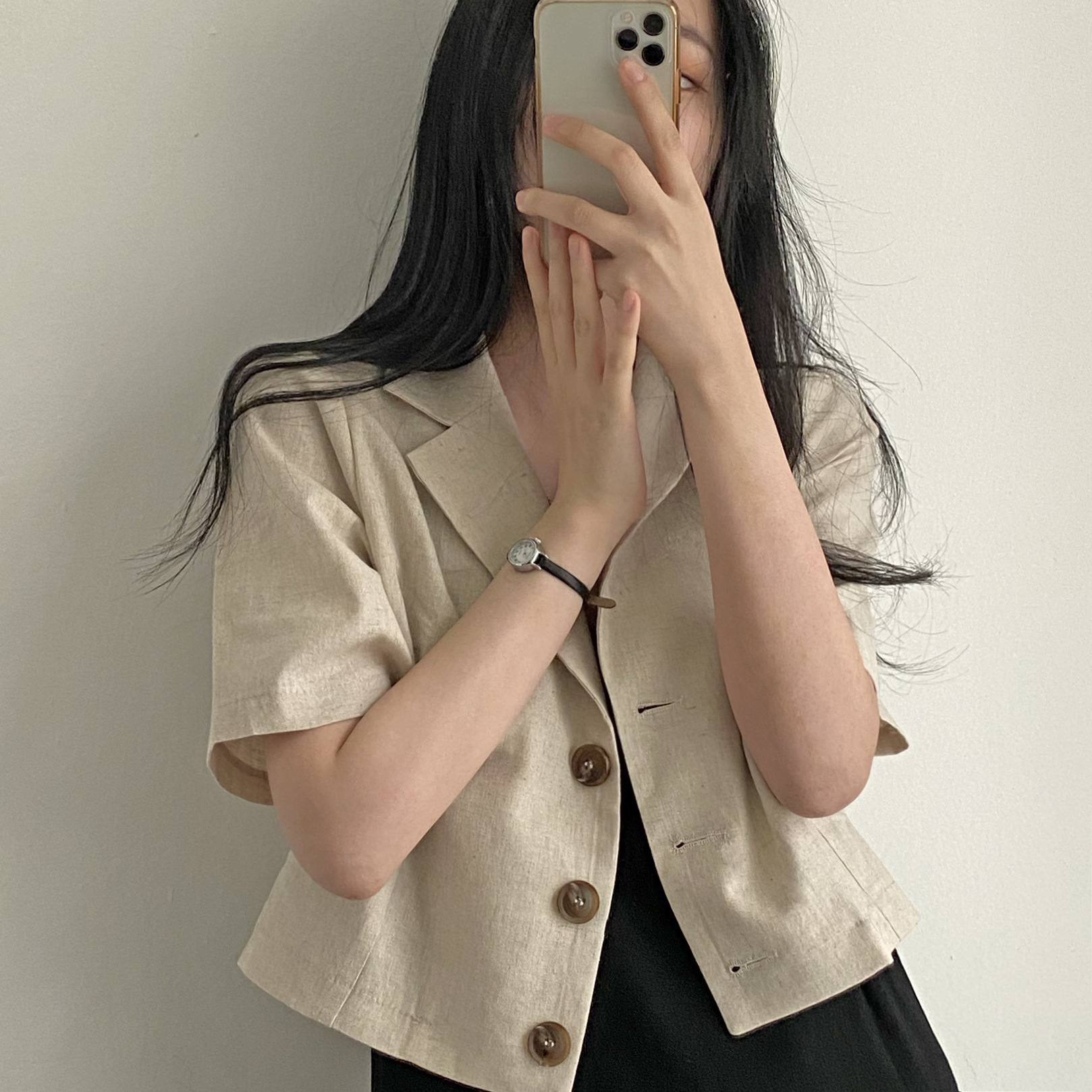 Summer New Ins Blogger Thin Design All-match Short-sleeved Linen Dress Collar Women's Short Coat Top for Women