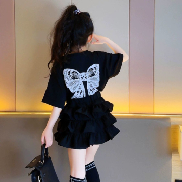 Picture of Girls Summer Suit 2025 New Cake Skirt Fashionable Kidsren's Short-Sleeved T-Shirt Fashionable Pleated Skirt Two-Piece Set