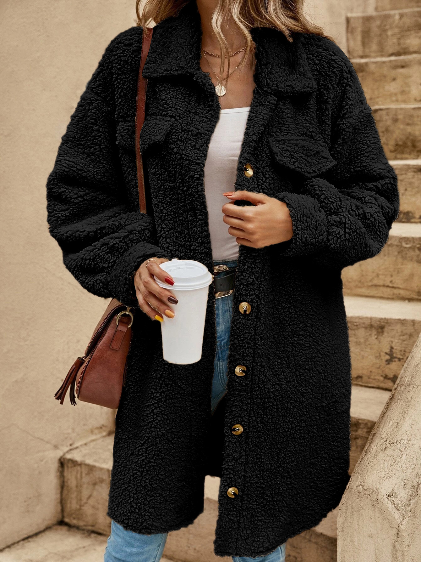 Picture of 2025 Foreign Trade Winter Cross-Border Amazon New Style Button-Down Plush Coat, Loose and Elegant Long Coat for Women
