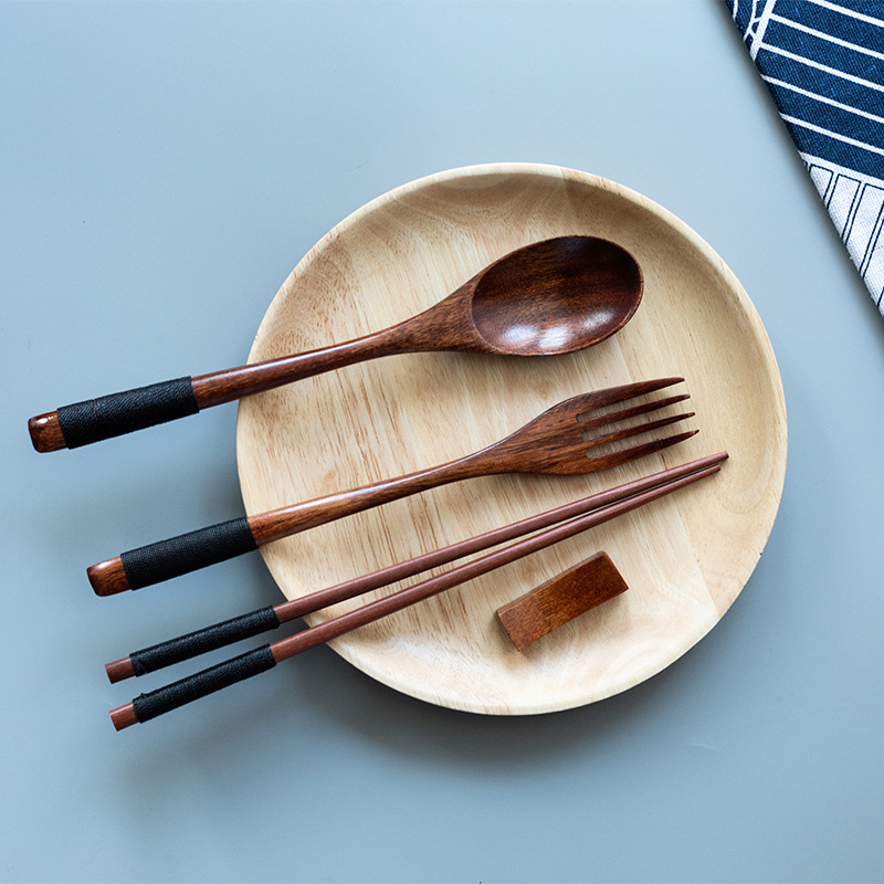 Picture of Japanese Style Wind Wooden Fork Spoon Chopsticks Wooden Bag Chopsticks Spoon Fork Travel Portable Tableware Three-piece Set