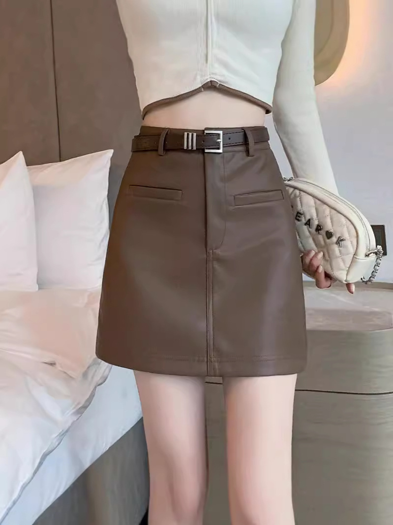 New plus size Autumn Korean Style High Waist Slimming All-match Hip Skirt Niche Solid Color Design Sense PU Skirt for Women