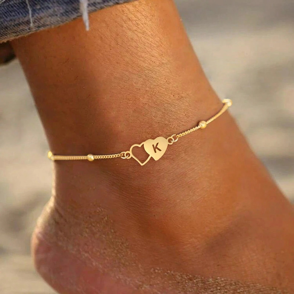 Stainless Steel 2025 New Cross-Border Fashion 26-Letter Heart Pendant Anklet for Men and Women, Fashionable Versatile Light Luxury Anklet