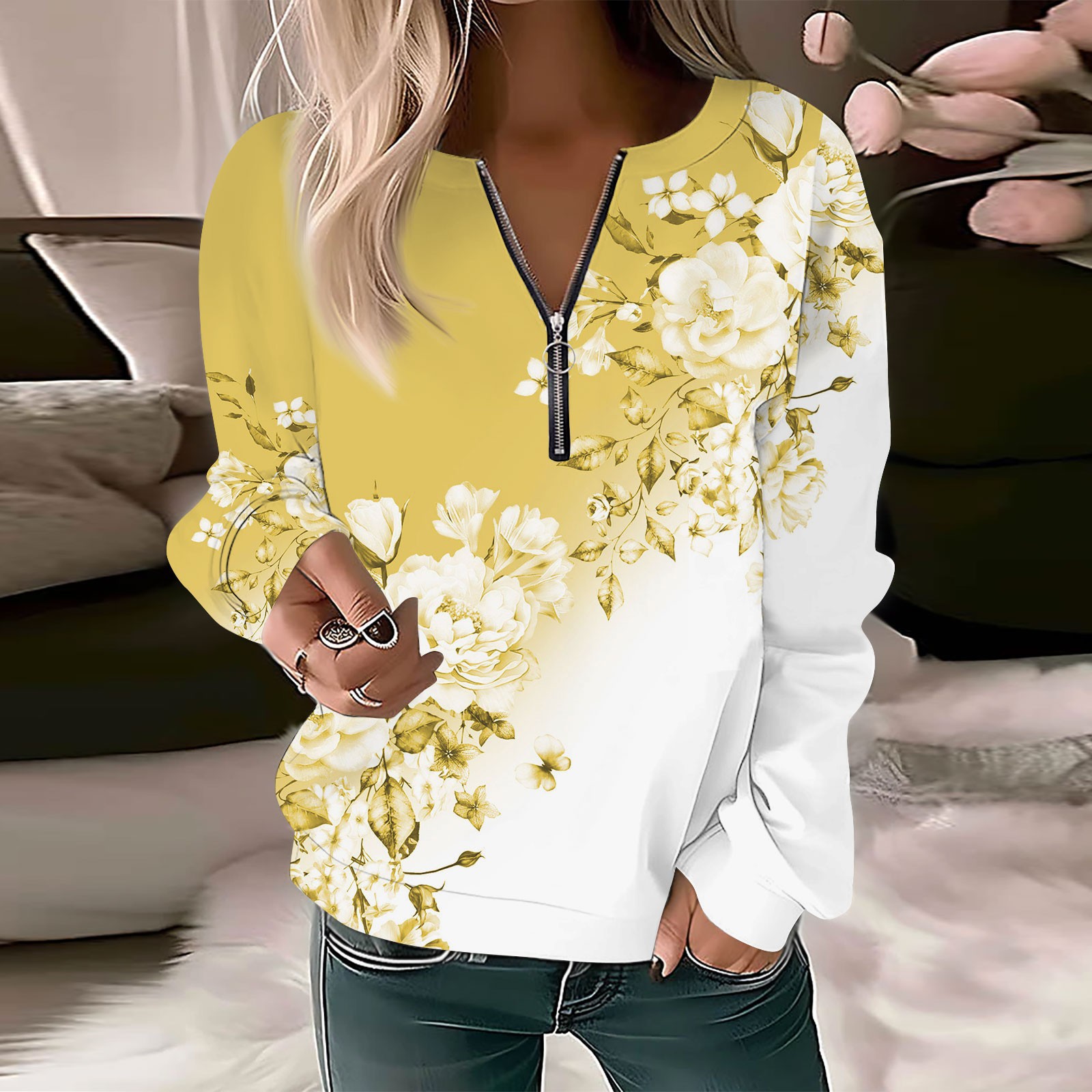 2024 New 3D Flower Print Comfortable Fashion Half Zip Polo Collar Front Shoulder Long Sleeve Top WF5