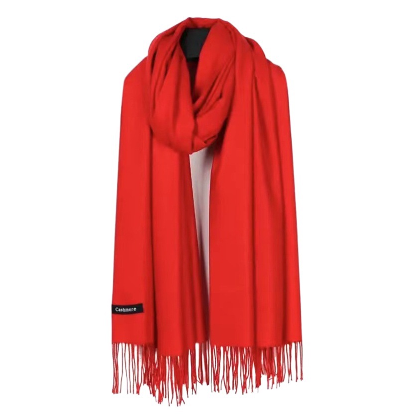 Scarf thickened solid color cashmere-like women's winter gift annual meeting Chinese red scarf tassel warm shawl
