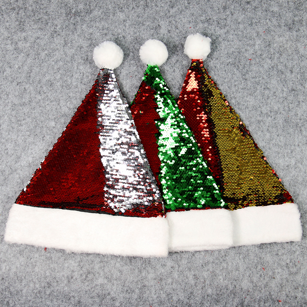 Foreign Trade Hot Selling Red Gold Flip Picker Adult Christmas Hat New Christmas Decorations Double Color Sequin Christmas Hat