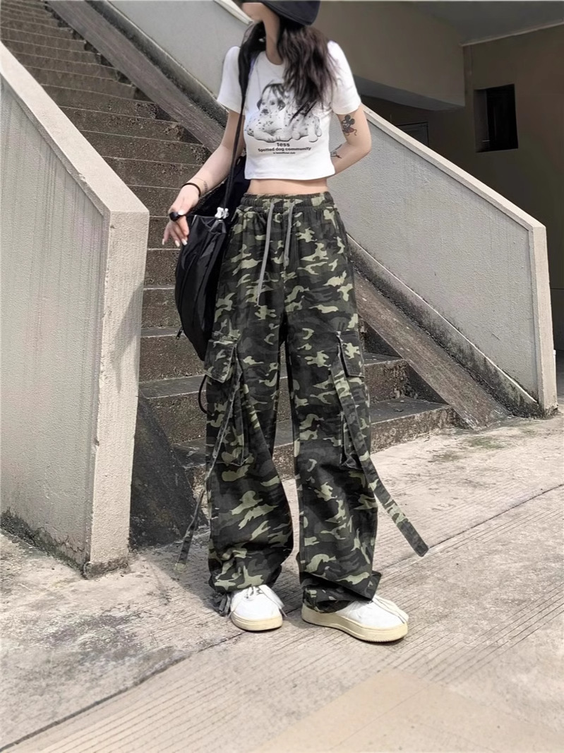 Pure Cotton American Style Vintage Camouflage Jeans Women's High Waist Slimming High Street Dancing New Style Straight Tooling Pants Women's Summer