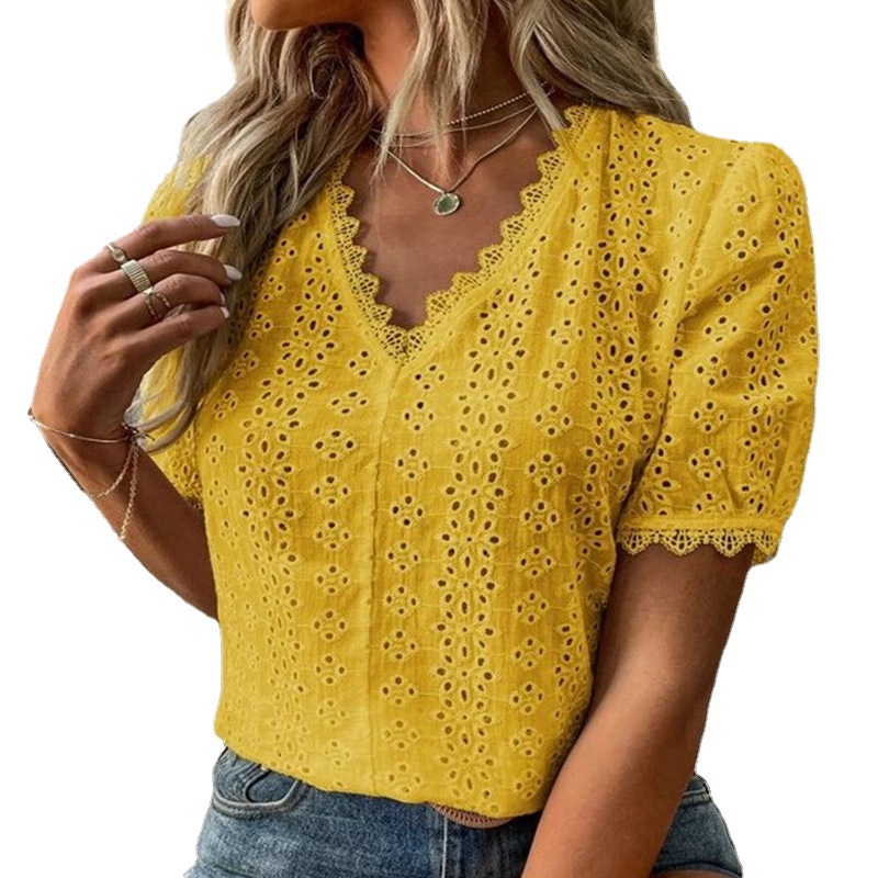 Picture of Summer New Amazon Ebay Independent Station European and American Summer New Pure Color Short-Sleeved Cut Out Shirt Cross-Border Spot