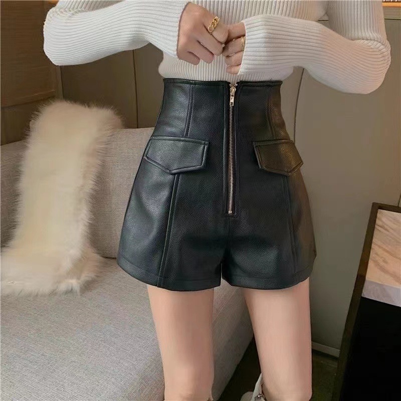 Korean Style Autumn and Winter plus size chubby girl Wide Pants Women's High Waist Outer Wear Slimming PU Leather Zipper Shorts Casual Base Boots Pants