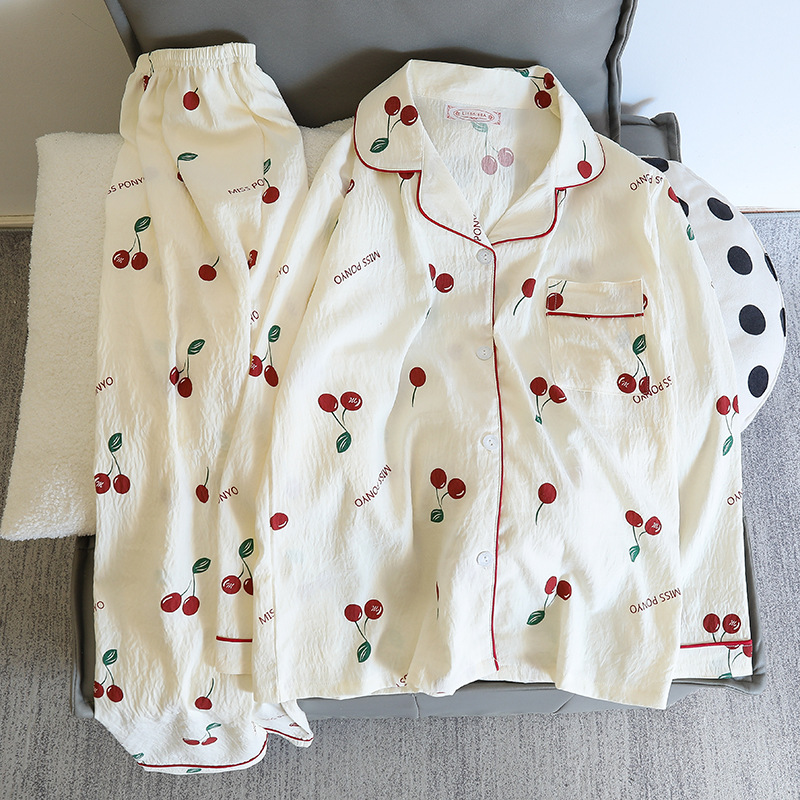 Picture of Online Celebrity Live Dopamine Color Striped Long Sleeve Pajamas Women's Loose Bubble Wrinkle Cute Cross-border suit Foreign Trade
