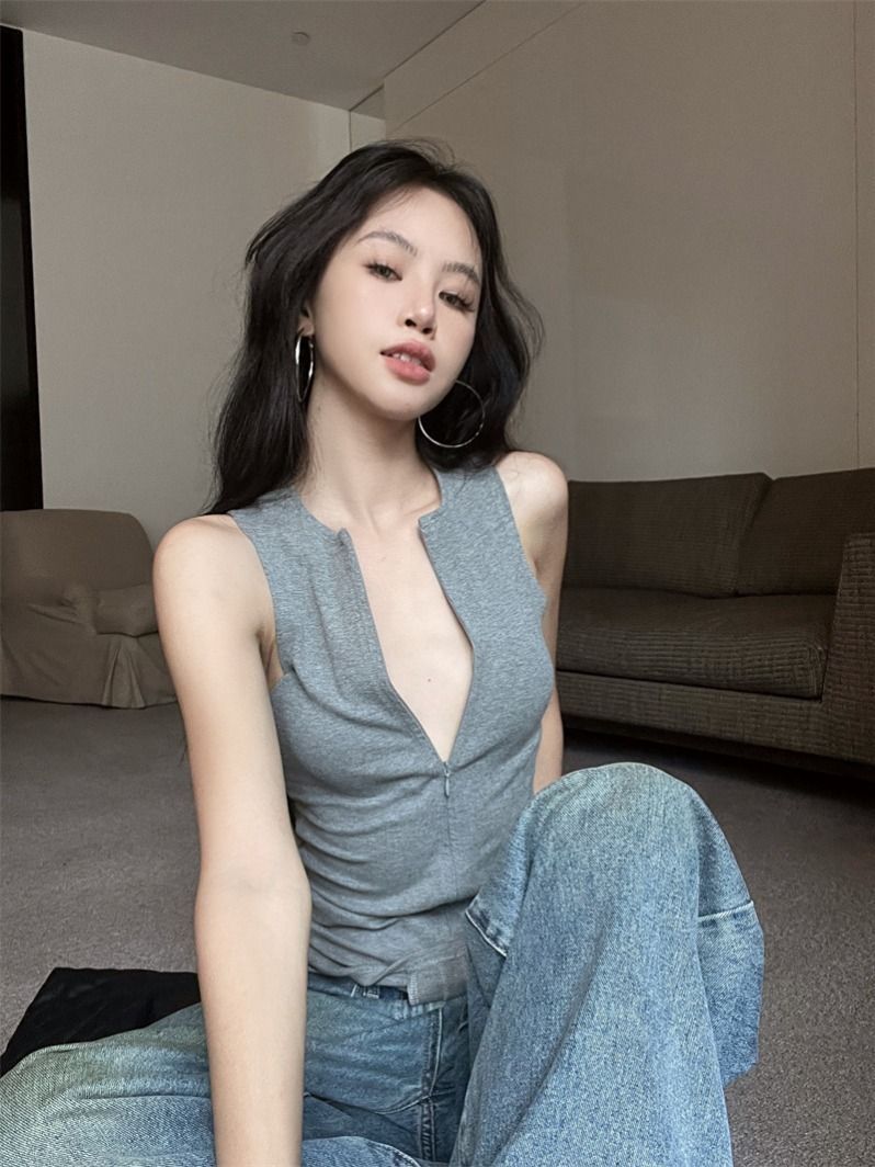 [Self-set Factory in stock Now] Grey Zipper Round Neck Sleeveless I-shaped Vest Women's American-style Slim-fit Top