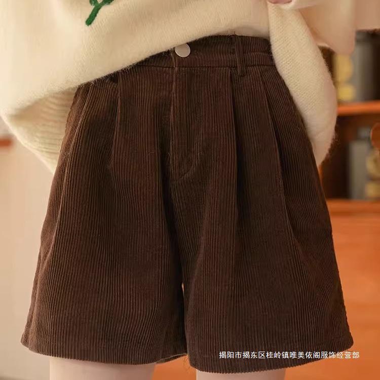 High waist elastic waist shorts women's slim casual wide pants black autumn and winter large size corduroy boots pants for plump girls apricot