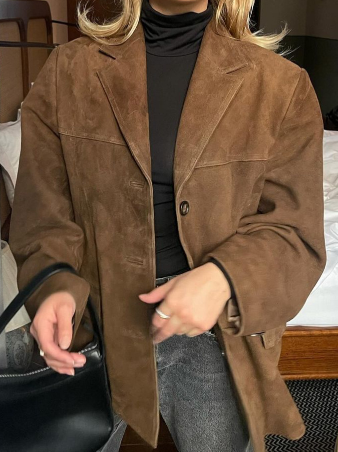 Real shot-retro brown long sleeve button suit coat European and American cross-border fashion women's autumn and winter loose pocket coat