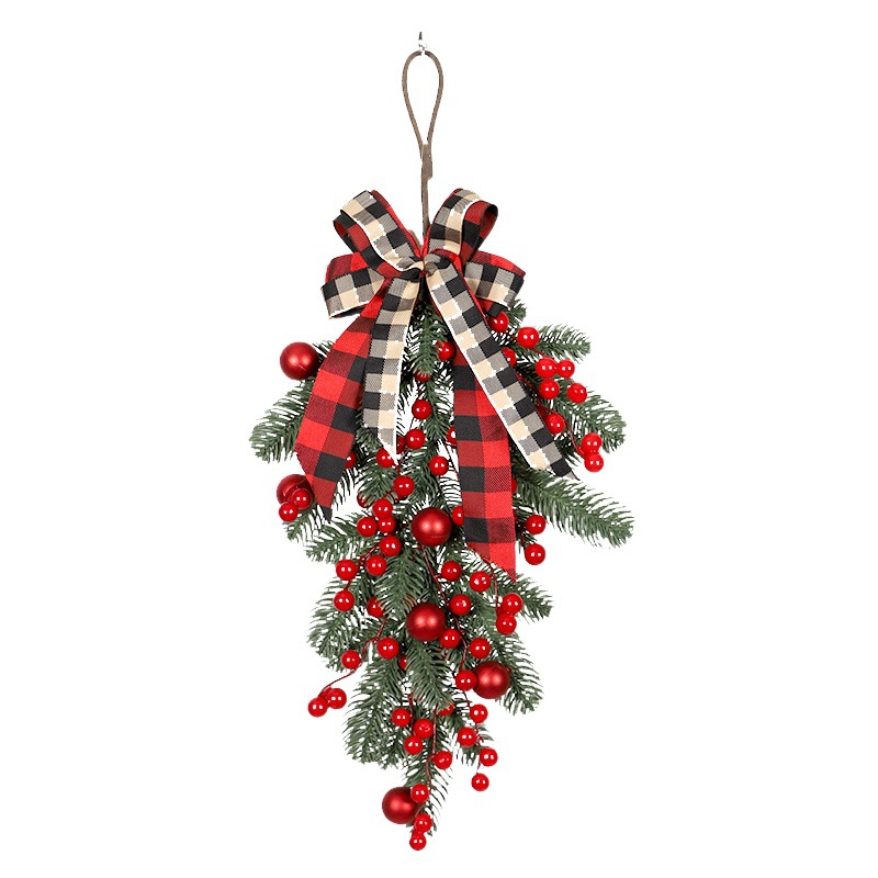 Christmas Decoration Red Fruit Upside-Down Tree Door Hanging Plaid Knot Red Fruit Glowing Holiday Christmas Decorations Cross-Border Decoration