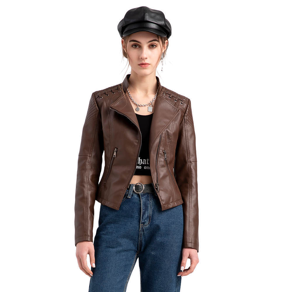 Picture of Cross-border European Size New Spring and Autumn Women's Leather Jacket Women's Short Jacket Slim-fit Thin Leather Jacket Women's Biker Clothes