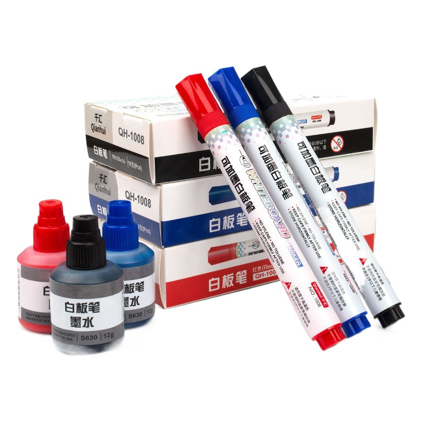 Whiteboard Pen Can Be Refilled with Ink and Erasable Pen Black Marker Pen Colorful Thick Head Marker Pen Water-Based Large Capacity Whiteboard Pen