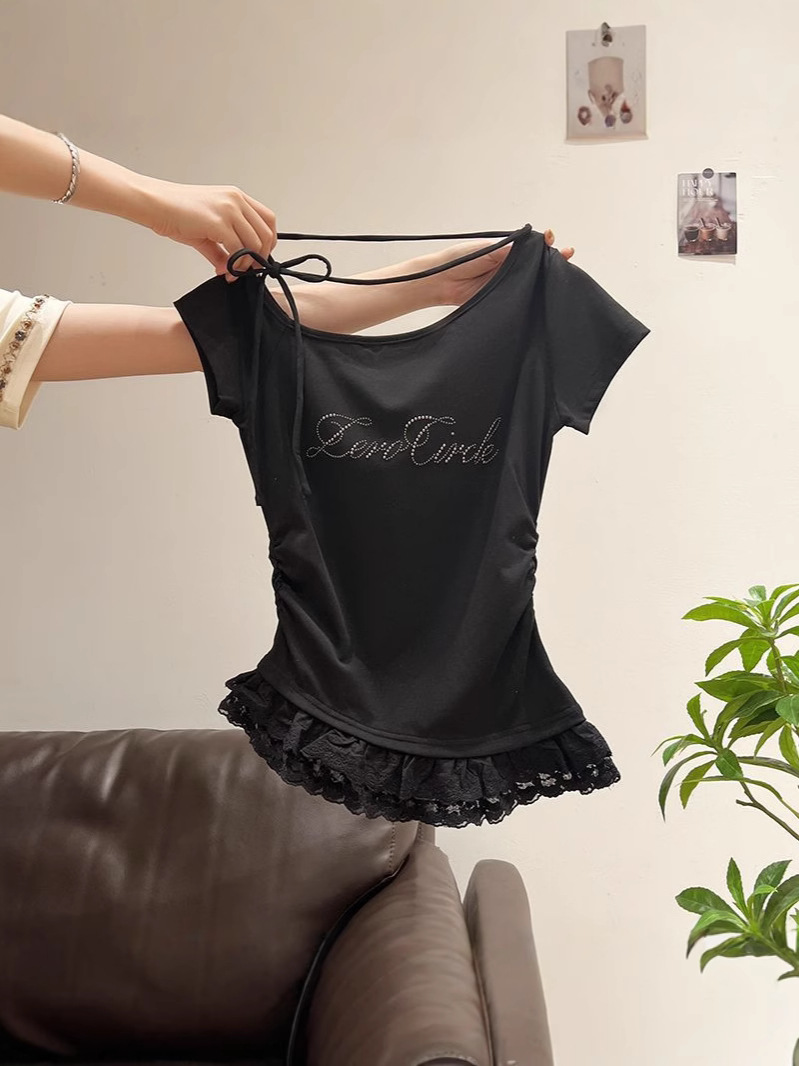 Picture of Korean Style 2025 New Summer Style Slanted Collar Off-Shoulder Lace Hem Short-Sleeved T-Shirt Women's Slimming Look Slim Top
