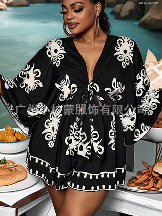 Picture of 2025 European and American Cross-Border Large Size Jumpsuit New Fashion Casual Bell Sleeve Women's V-Neck Print Fashion Sexy