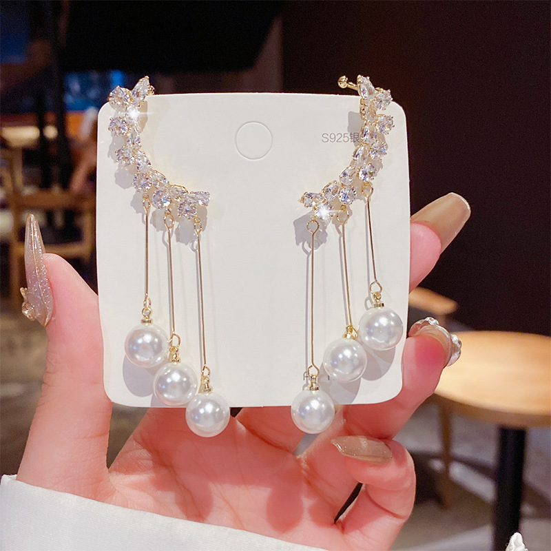 Korean New Arrival Earrings Fairy 925 Silver Needle Pearl Tassel Ear Clip Ear Stud Elegant Ear Drop Distinctive Earrings for Women