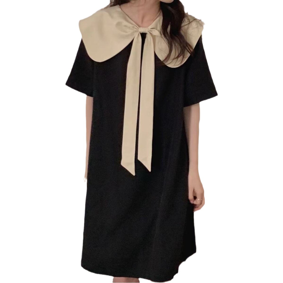French Retro Bow Dress Women's 2023 Summer New Design Sense Niche Contrasting Color Doll Collar Middle Dress
