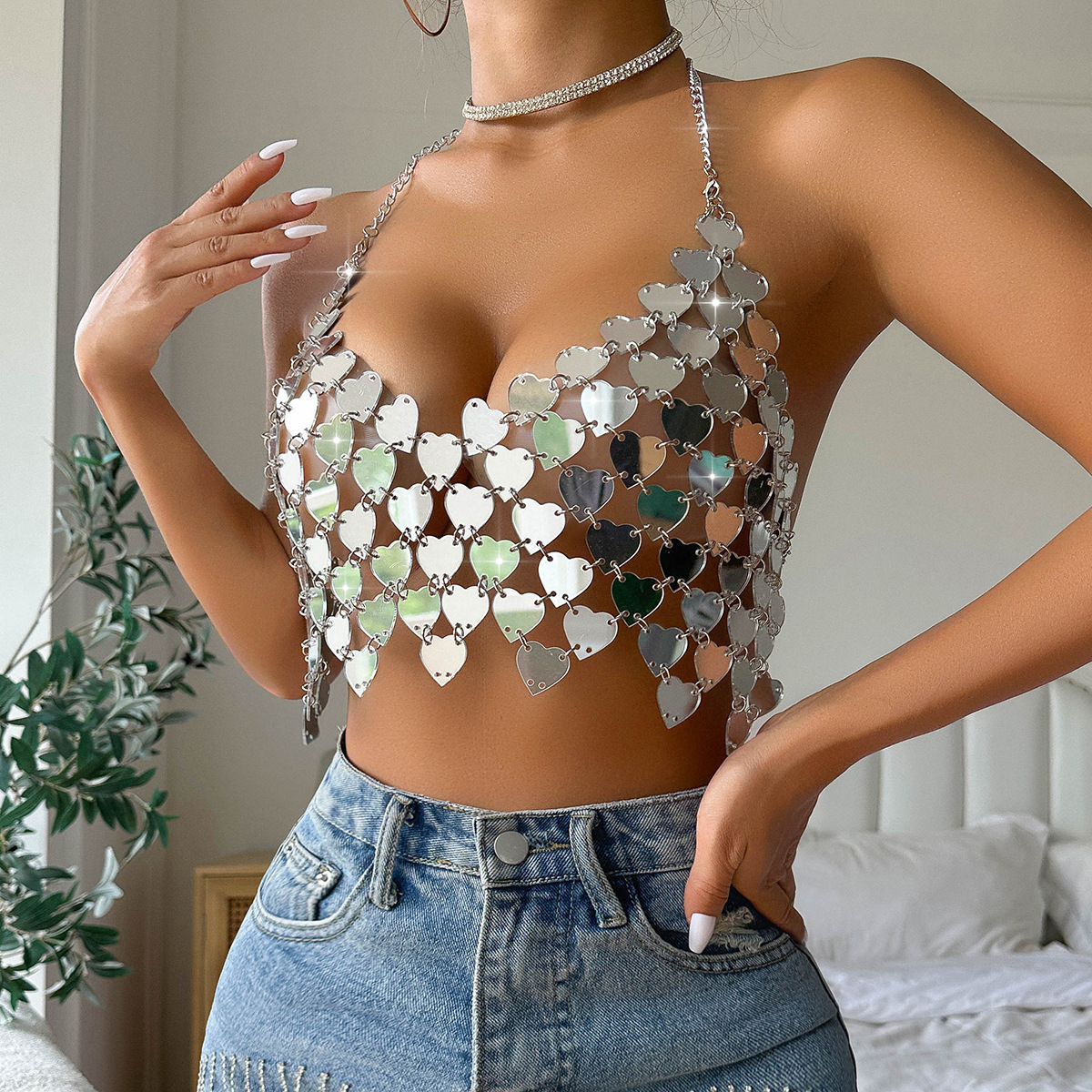 Ins2025 European and American Export New Silver Heart Sequin Stitching Backless Sexy Camisole for Women L20941