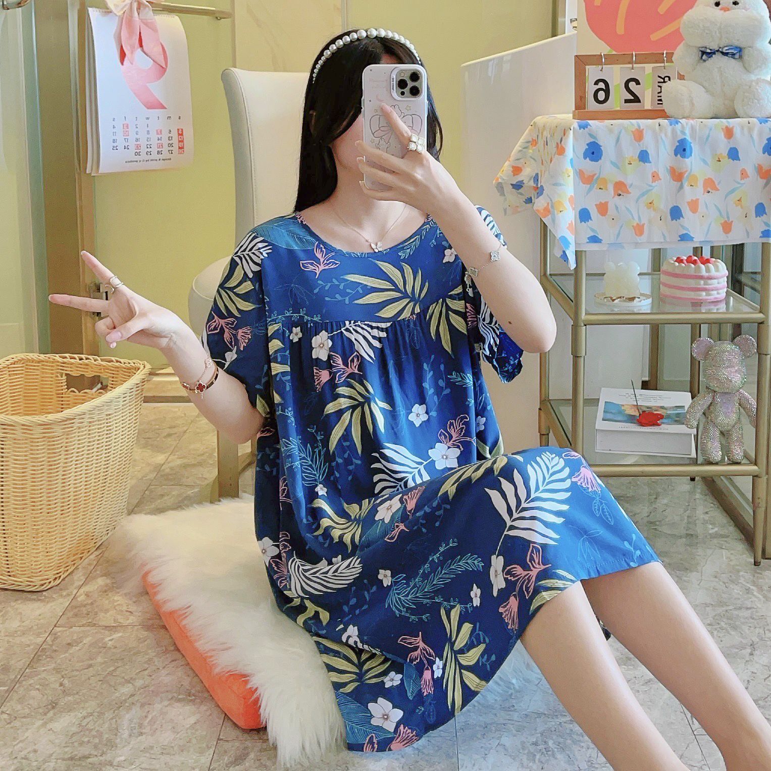 Picture of Cotton Silk Nightgown Women's Spring and Autumn Summer Thin Pajamas Korean Sweet Girls Online Celebrant Live Explosions Home Outwear Skirt