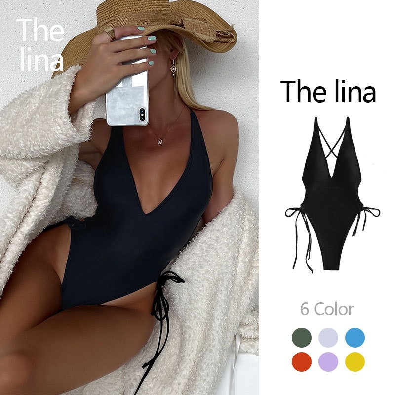 Picture of Cross-Border European and American Pure Color Deep V Sexy Bikini One-Piece Swimsuit Women's High-End Bikini Beach Spa Swimsuit