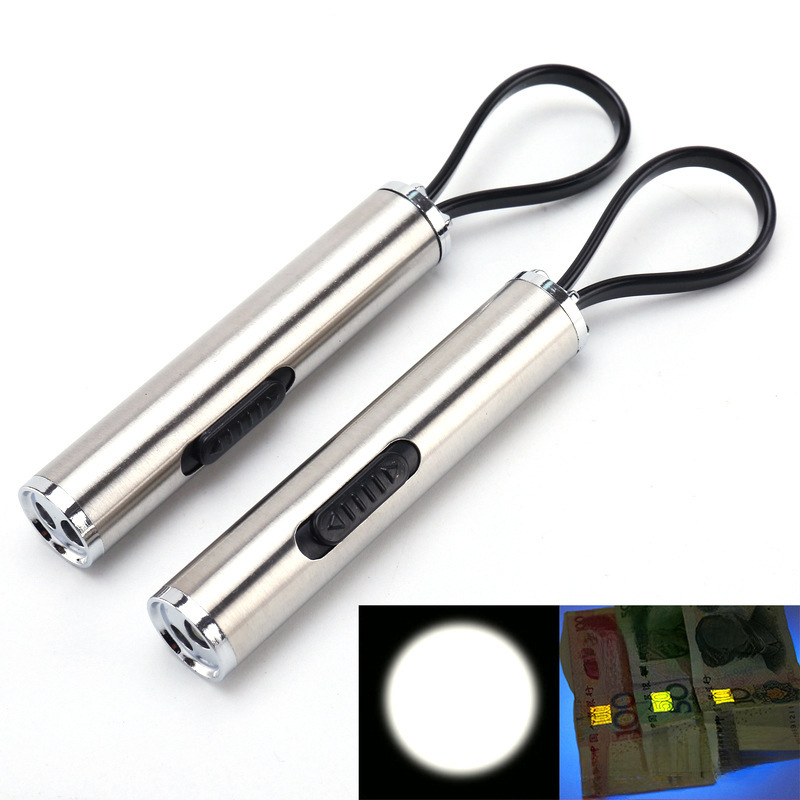 Multifunctional Banknote Inspection Lighting Uv Two-In-One Ultraviolet Stainless Steel Mini Led Flashlight Factory Wholesale Spot