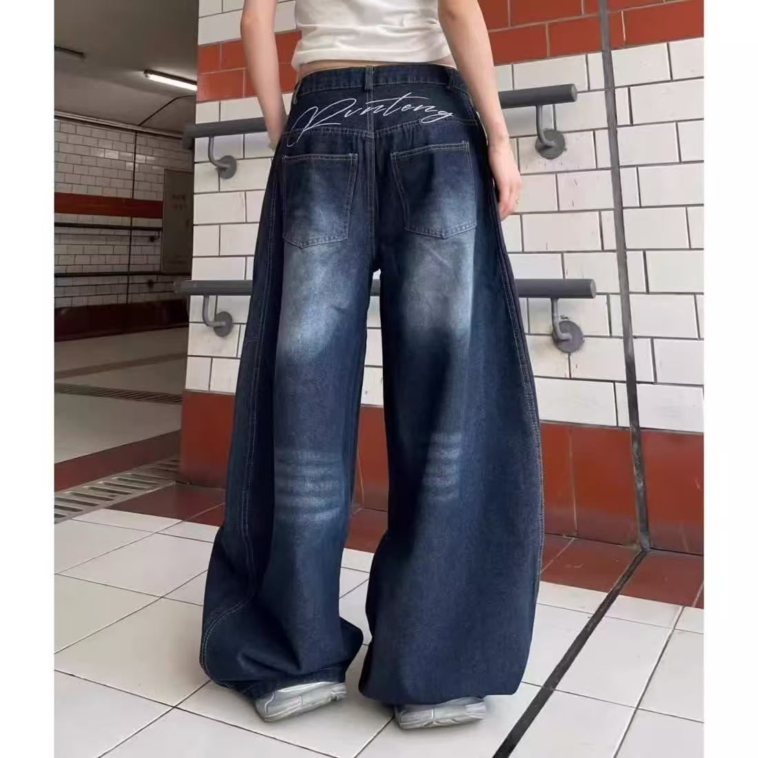 2025 Summer Street Style Baggy Silhouette Wide-Leg Floor-Length Pants Plus Size American Retro Scimitar Jeans for Women