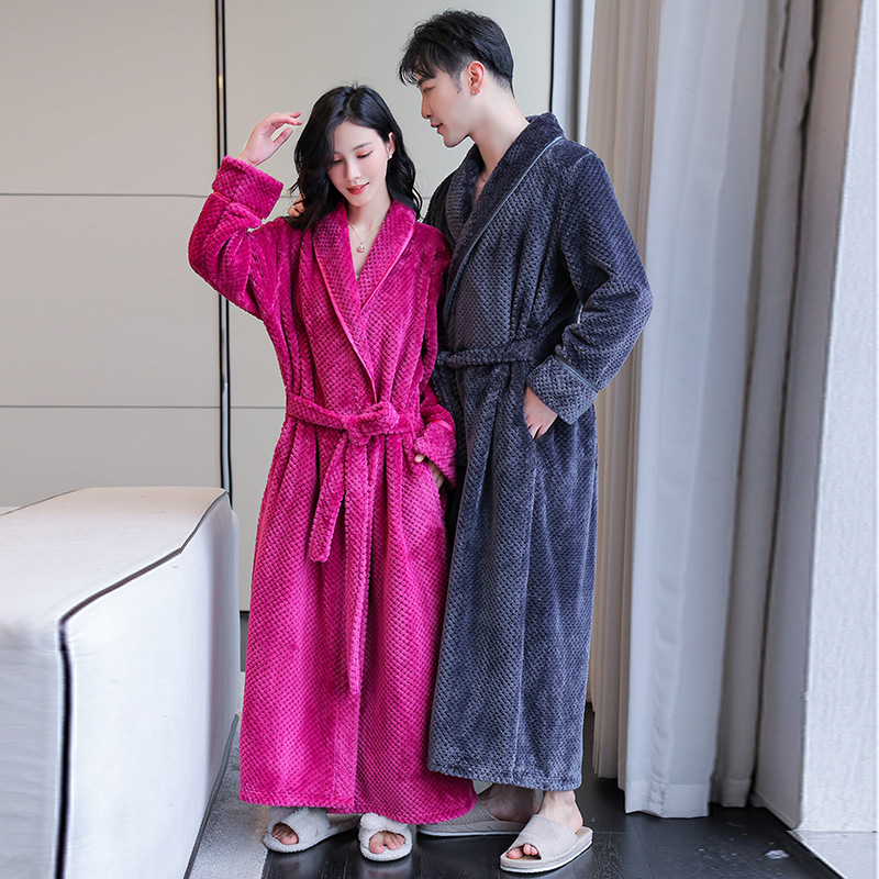 Autumn and Winter Long Bathrobe Flannel Pajamas Female Couple Nightgown Comfortable Home Clothes Thickened Bathrobe Hotel Bathrobe