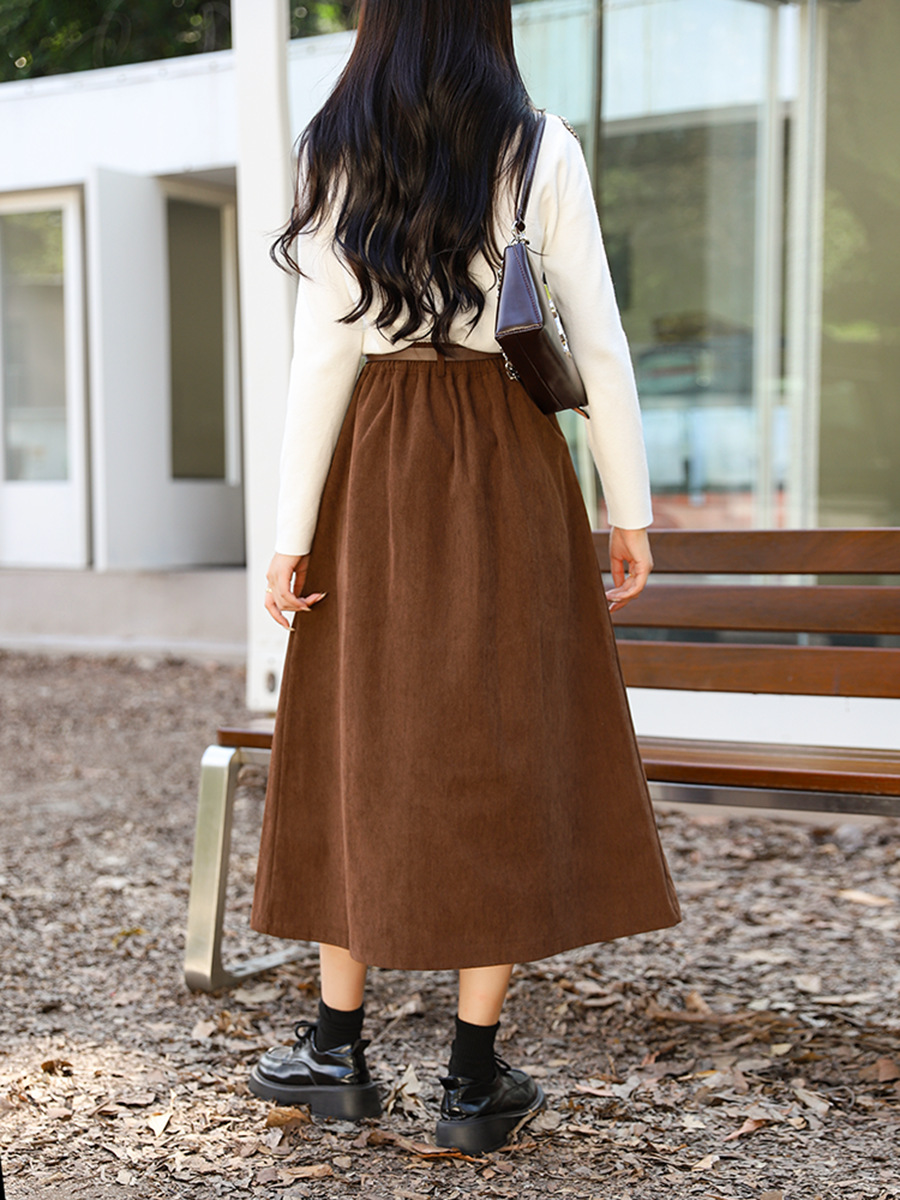 Picture of Maillard Retro Corduroy Skirt for Women, Autumn and Winter Khaki Casual Style with Belt, Mid-Length Pleated A-Line Skirt