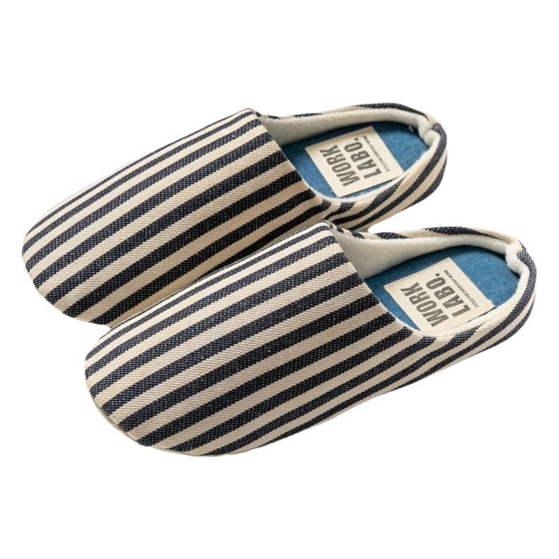 Jingshilu Couple Autumn and Winter Striped Japanese-style Soft Bottom Baotou Indoor Home and Household Silent Fabric Floor Slippers for Women