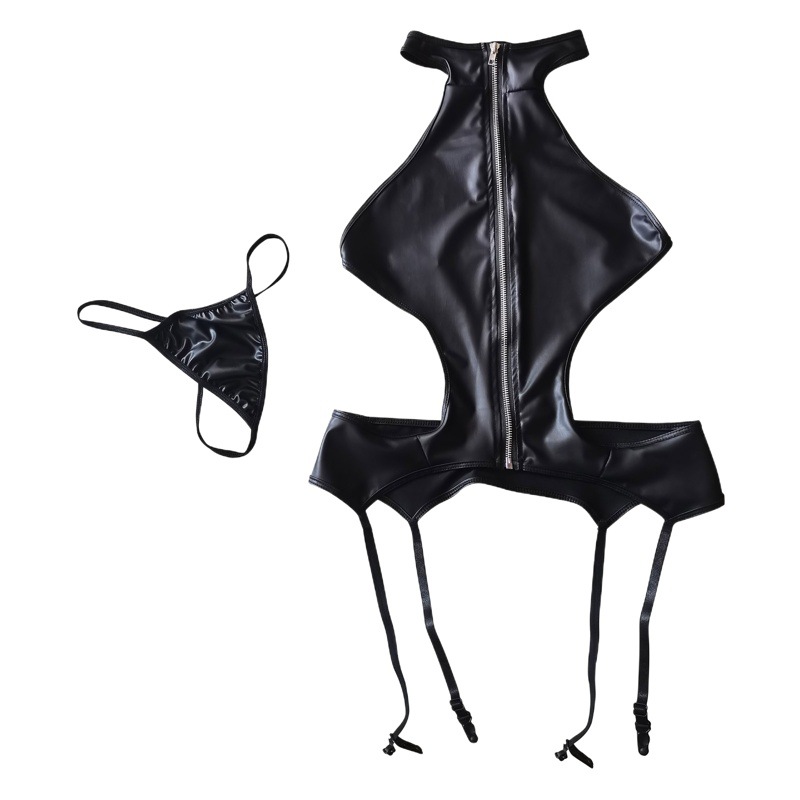 2023 New European and American Sexy Underwear Sexy Imitation Leather Hollow Zipper Garter Belt One-piece Sexy Underwear Women's Pajamas