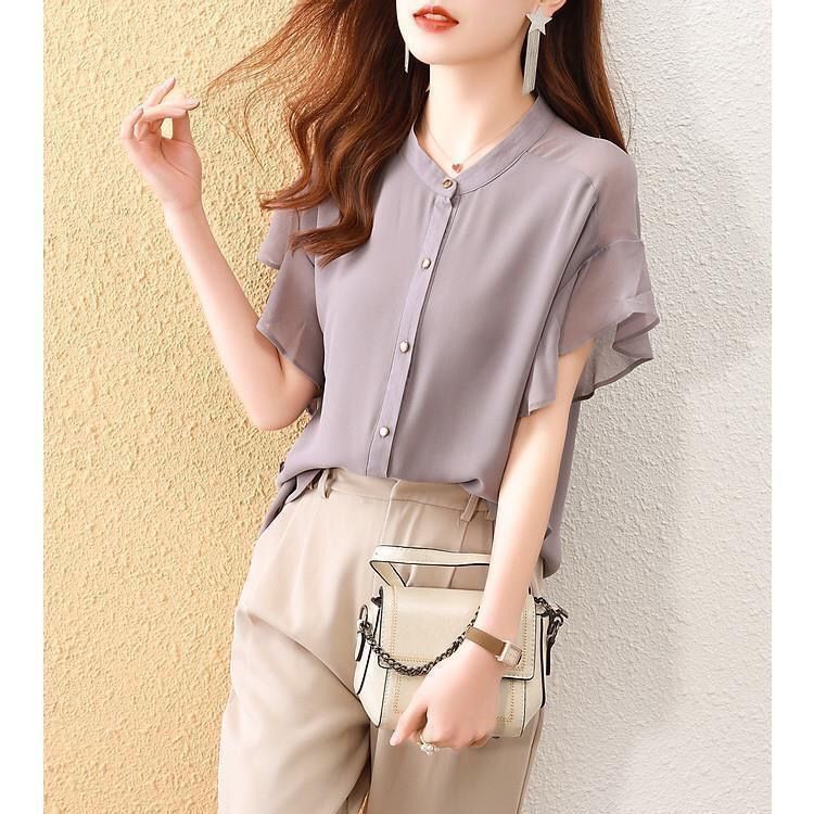 Picture of 2022 summer new western style all-match chiffon shirt flying sleeves solid color shirt beautiful loose thin slimming top