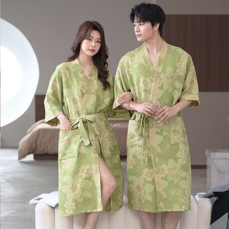 Picture of Class A Spring and Summer Thin Pajamas Pure Cotton Double Gauze Bathrobe Home Clothes Nightgown Couple's Water Absorbent Quick-drying Bathrobe