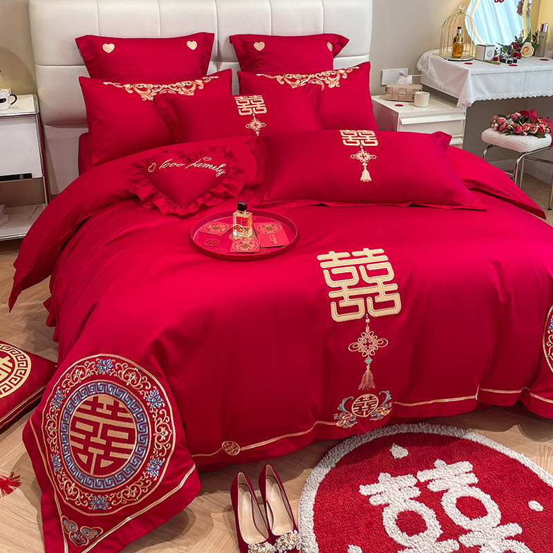 Picture of High-end Chinese Dragon and Phoenix Embroidery Fashion Wedding Four-piece Wedding Big Red Bed Sheet Quilt Cover Accompanying Bedding