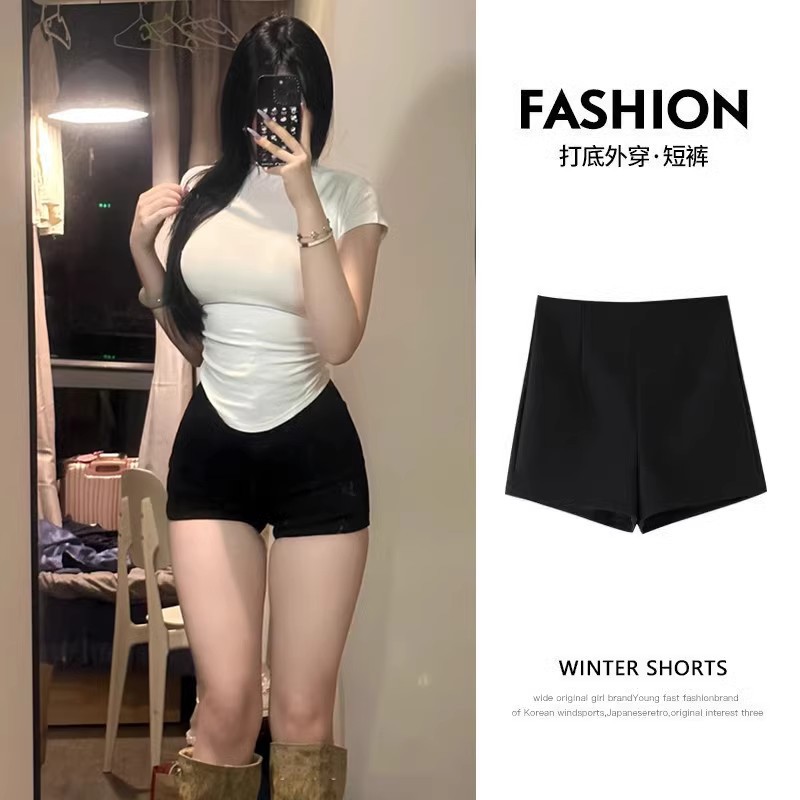 High-Waisted American-Style Hip-Hugging Shorts for Petite Women, Elastic Slimming Outerwear Shorts for Summer, Tight Black Hot Girl