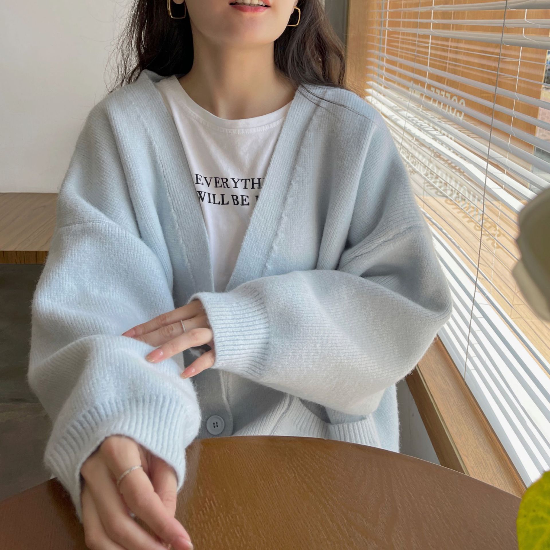 Blue Milk Style Autumn and Winter Sweater Cardigan Women's 2022 New Lazy Style Loose V-Neck Gentle Knitted Coat Top