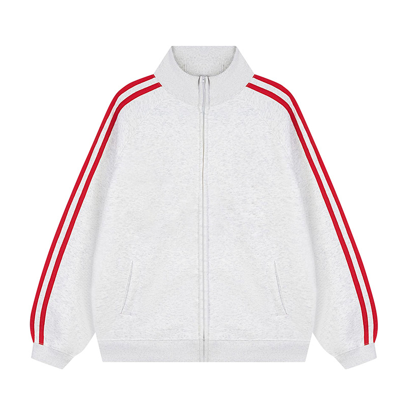Picture of Korean version of the contrast color stand collar zipper sweater custom LOGO print three bar cardigan jacket overalls fleece-lined jacket