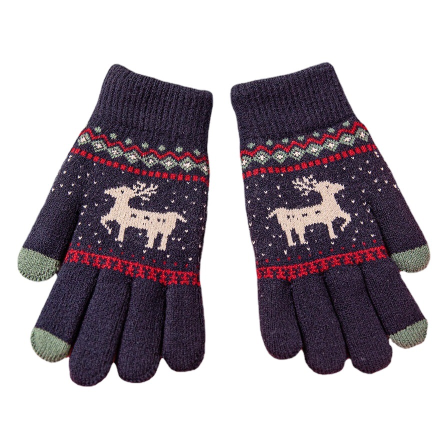 Winter Touch Screen Gloves Double-layer Thickened Warm Gloves for Men and Women with Velvet Line Gloves Fawn Jacquard Knitted Gloves