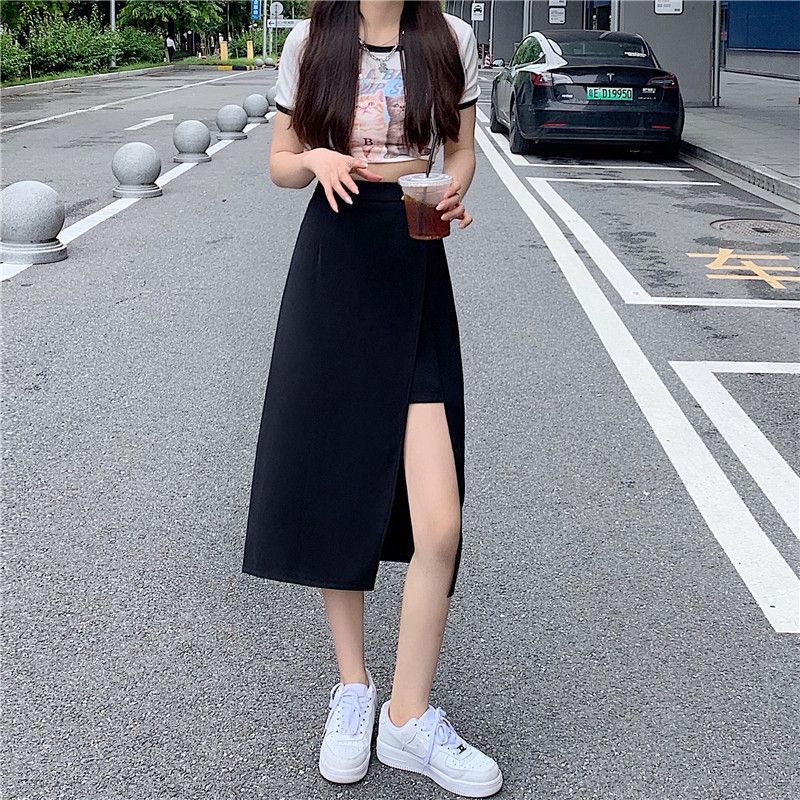 Irregular design skirt mid-length chubby girl slimming cover all-match black skirt spring and summer women's suit skirt