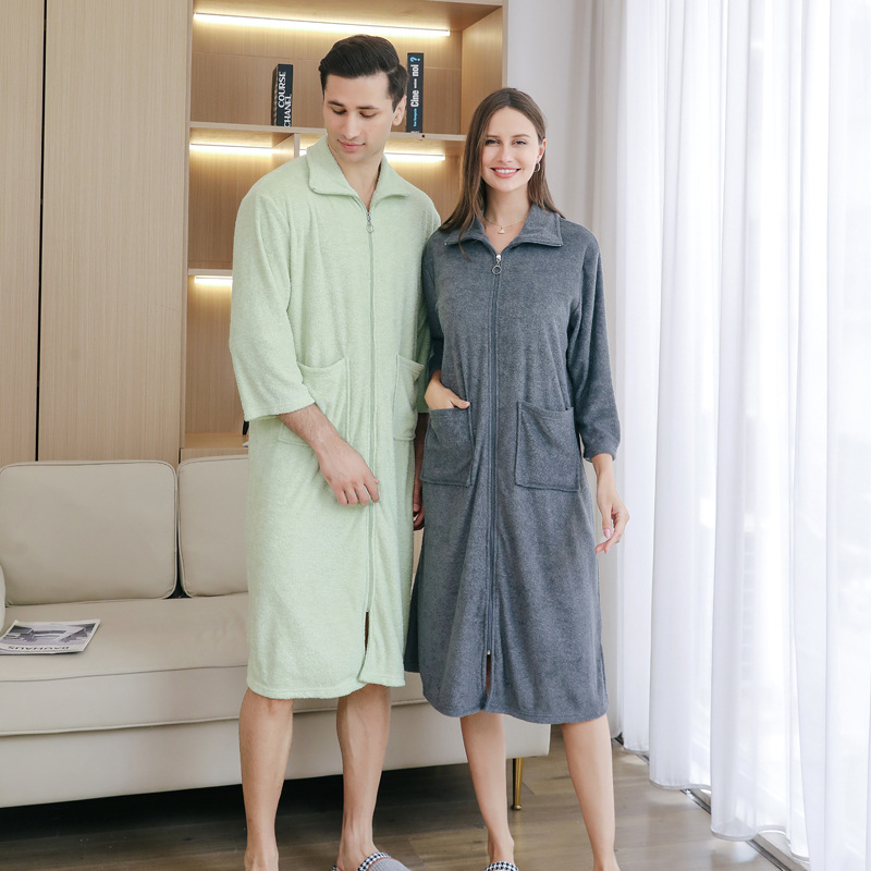 Picture of Amazon New Towel Material Bath Dress Naked Wear Men's Nightgown Mid-length Spring and Summer Pajamas Women's Loose Plus Size Bathrobe