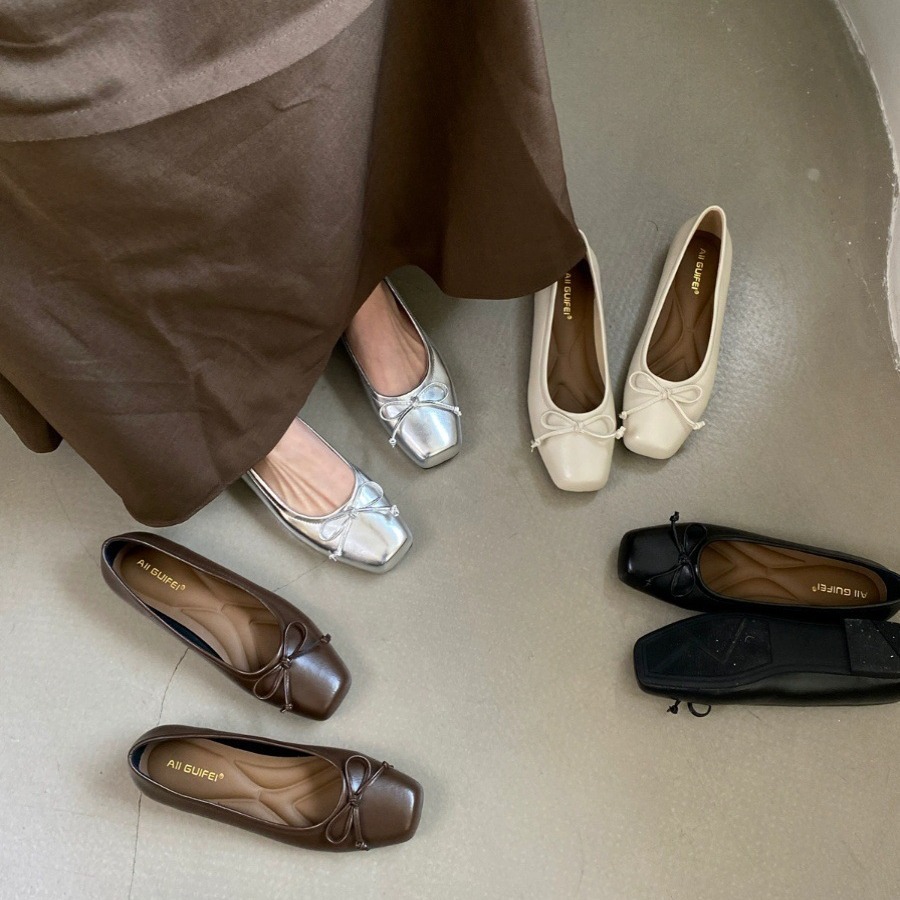 Fairy style gentle shoes for women 2024 spring new bow square toe flat shoes silver shallow mouth peas shoes