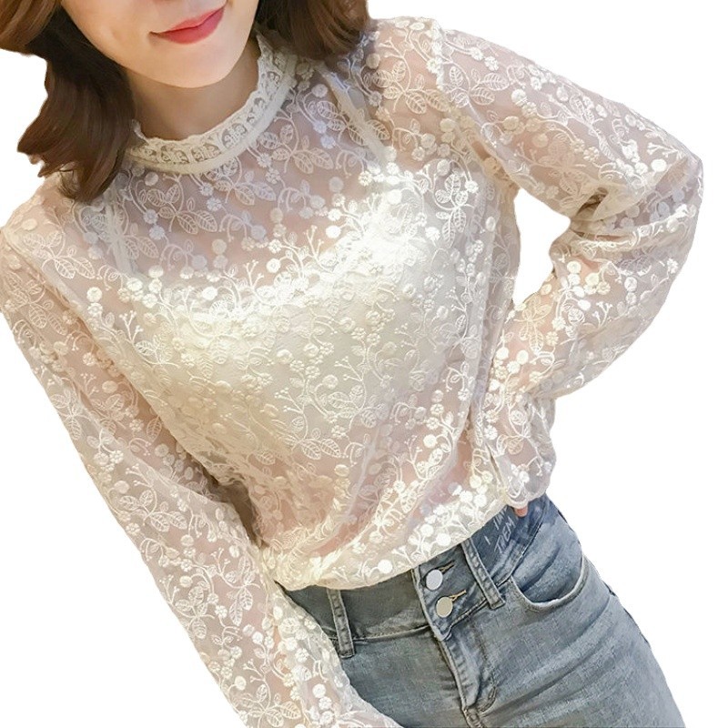 Picture of Velvet/Non-Velvet Lace Shirt for Women in Autumn and Winter New Mesh with Lace Collar Super Fairy Bottoming Top