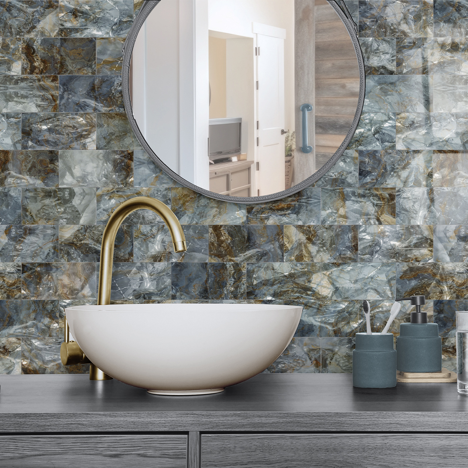 Picture of Crystal Marble Tile Wall Stickers Thickened PET Waterproof Self-adhesive Wallpaper for Kitchen Living Room Wall Decoration Cross Border